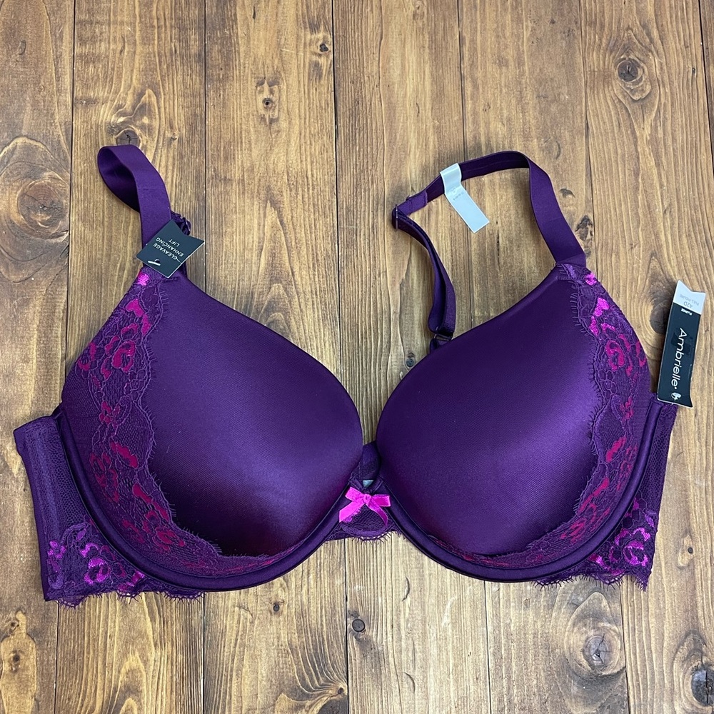 Ambrielle 42D full figure plunge bra purple with pink lace NWT